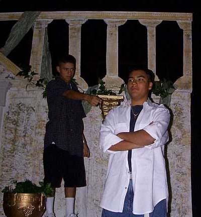 Two students rehearse for 'A Funny Thing Happened on the Way to the Forum'