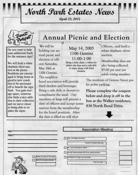 North Park Estates Newsletter Page 1
